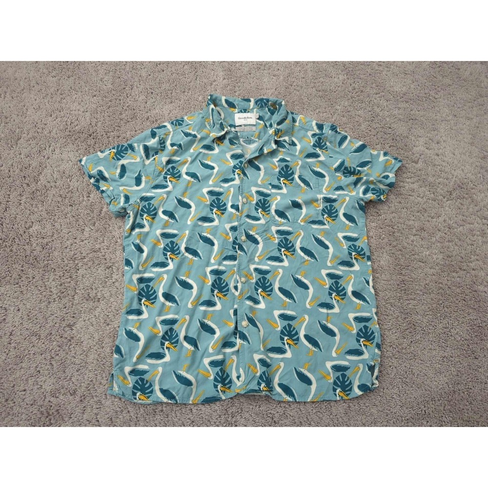 Goodfellow & Co Button‎ Up Shirt Mens L Blue Pelican Monstera Allover Print